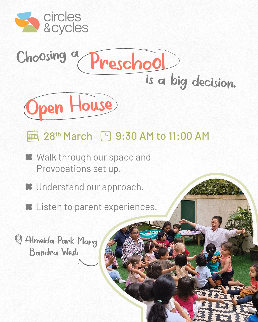 Choosing a preschool is a big decision. It’s about finding a place that feels right for your child and for you.
Join us for our Open House on 28th March at 9:30 AM.Walk through our thoughtfully designed learning space.
See our provocations set up.
Understand how the Reggio-inspired approach comes alive in the classroom.
Learn how Occupational Therapy is integrated into the preschool day.
Hear honest experiences from parents in our community.Come with questions. Leave with clarity.#OpenHouse #EarlyBrainDevelopment #AttachmentMatters #ReggioInspired #CirclesAndCycles