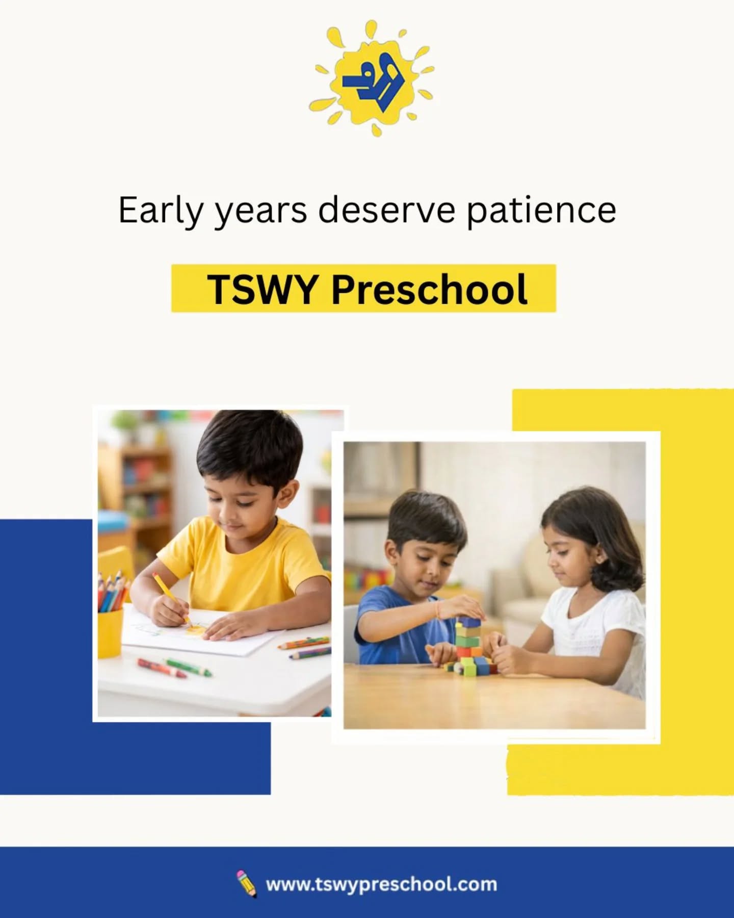 Early education is not about teaching children faster.
Children who are rushed too early often burn out later.
But children who feel emotionally secure learn naturally, confidently, and joyfully.Because safety creates speed. 🌱At TSWY Preschool, we believe the early years deserve patience, warmth, and understanding — not pressure.
When children feel safe, they explore more, express more, and grow into lifelong learners at their own beautiful pace. ✨#TSWYPreschool #BestPreschool #EarlyYearsMatter #PlayBasedLearning #PreschoolEducation ChildDevelopment ToddlerLearning HolisticEducation MindfulParenting PreschoolInDelhi DelhiNCRPreschool LearningThroughPlay EmotionalDevelopment SafeLearningEnvironment KindergartenLife EarlyChildhoodEducation DaycareAndPreschool FutureReadyKids ParentingSupport PreschoolJourney